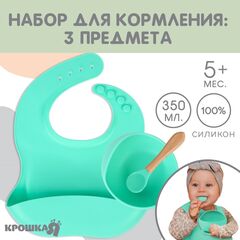Детская посуда в наборе из силикона: нагрудник, тарелка на присоске, ложка (бирюзовый)
