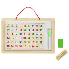 Доска двусторонняя + алфавит, в наборе мел, маркер, стерка