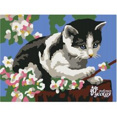 Роспись по холсту "Кот на цветущей яблоне" 30×40 см