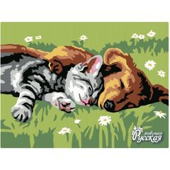 Роспись по холсту по номерам "Котенок и щенок"