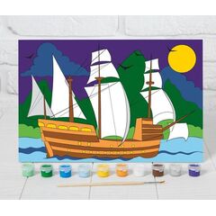Роспись на холсте "Корабль в море" 20×30 см