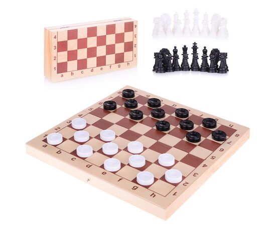 Игра настольная "Шахматы и шашки", поле из дерева + фигурки из пластика, 30 см на 29 см