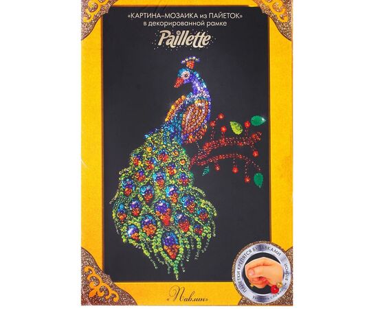 Картина-мозаика из пайеток в декорированной рамке "Павлин"
