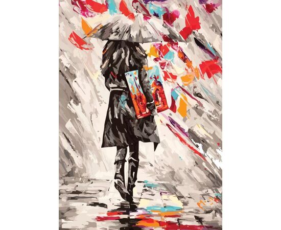 Роспись по холсту по номерам "Под дождем. Девушка и зонт"