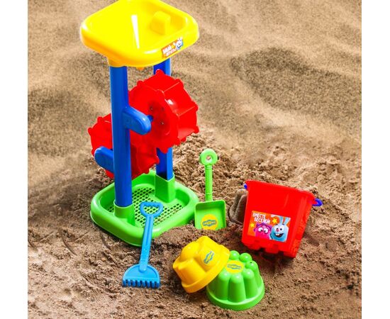 Набор для игры в песке "Смешарики" ведро, мельница, совок, грабли и 2 формочки