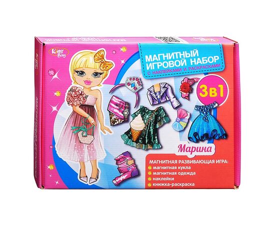 агнитный игровой набор 3 в 1 "Марина", одежда, наклейки, раскраска