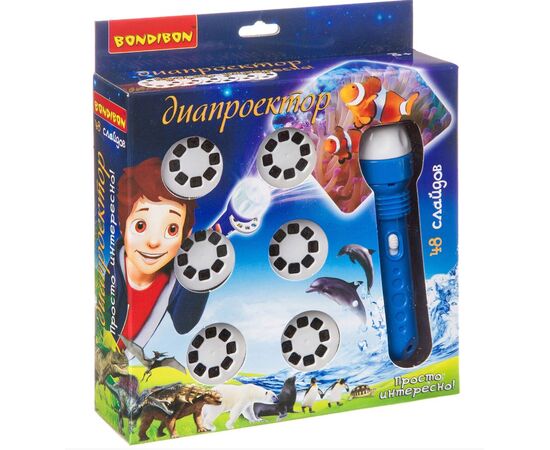 Диапроектор-фонарик Bondibon, 6 дисков со слайдами (3 с животными,3 с динозаврами)