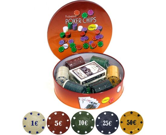 Набор для покера в металлической коробке, 120 фишек