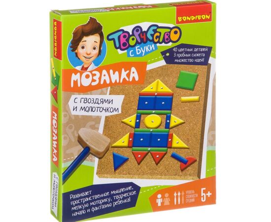 Мозаика с гвоздями и молоточком "Ракета", 40 цветных деталей