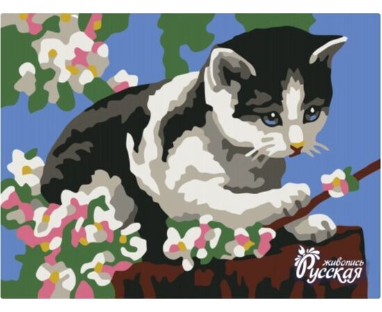 Роспись по холсту "Кот на цветущей яблоне" 30×40 см