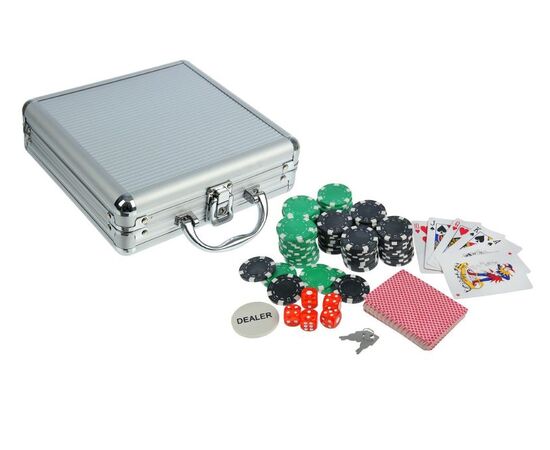 Набор для покера BCG: 2 колоды карт по 54 шт, 100 фишек, 5 кубиков, металлический кейс