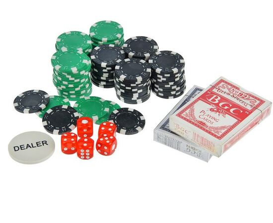 Набор для покера BCG: 2 колоды карт по 54 шт, 100 фишек, 5 кубиков, металлический кейс
