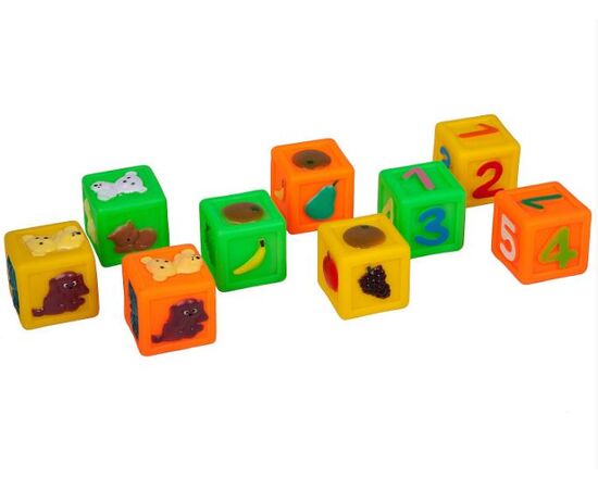 Резиновые кубики "Цифры, фрукты, животные", 9 штук