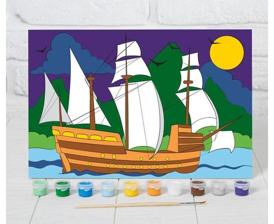 Роспись на холсте "Корабль в море" 20×30 см