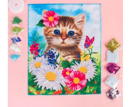 Вышивка бисером и пайетками "Котёнок" 28×35 см