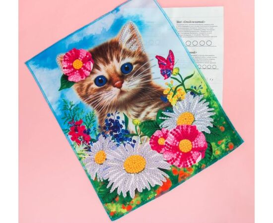 Вышивка бисером и пайетками "Котёнок" 28×35 см